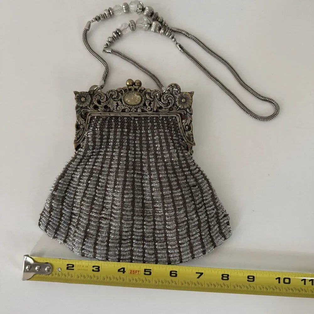 Vintage 1920's Art Deco Beaded Evening Bag Silver Gold Metal Ornate Frame Mirror